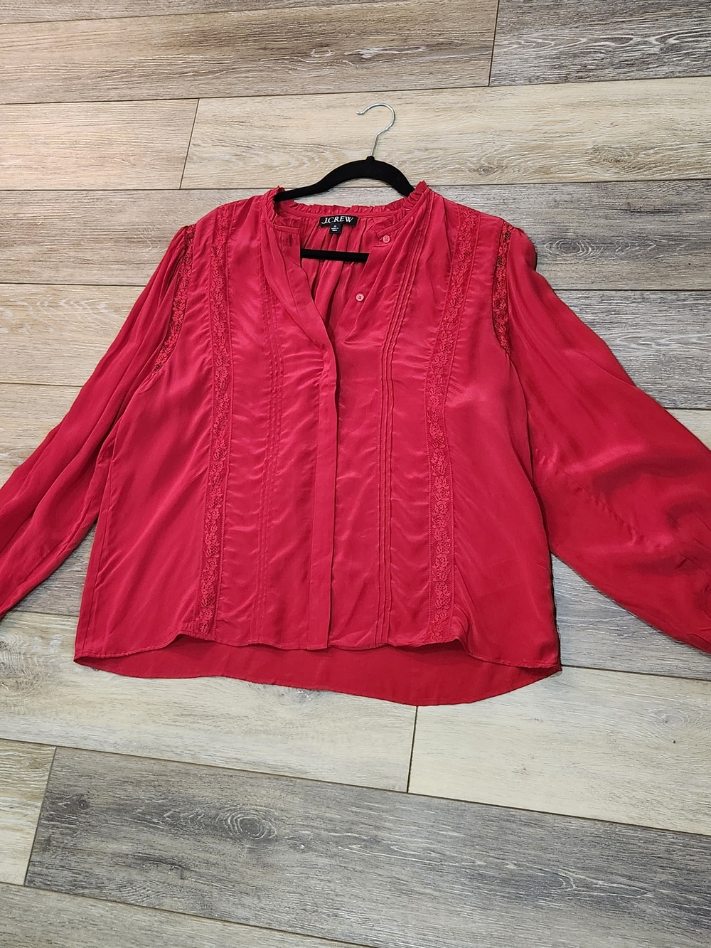 J. Crew Lace-trim pintuck top in crepe de chine Ruby Size 14